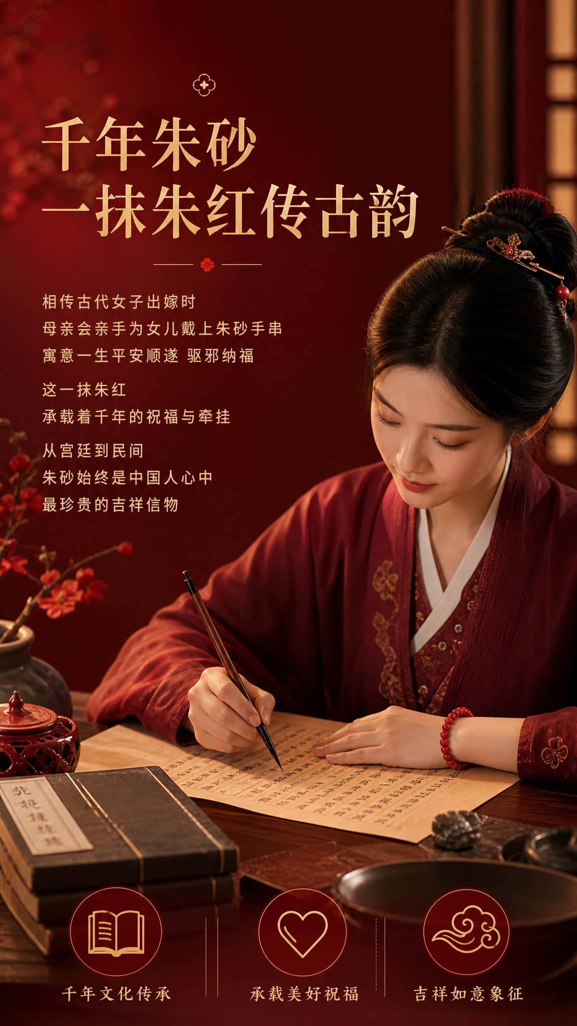 电商详情页故事卖点图，古风女子佩戴朱砂手串，于书房中静心抄经，… - 图片创意预览