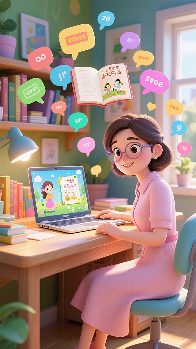 🌈3D 卡通语文老师，暖色调书房授课超甜😍