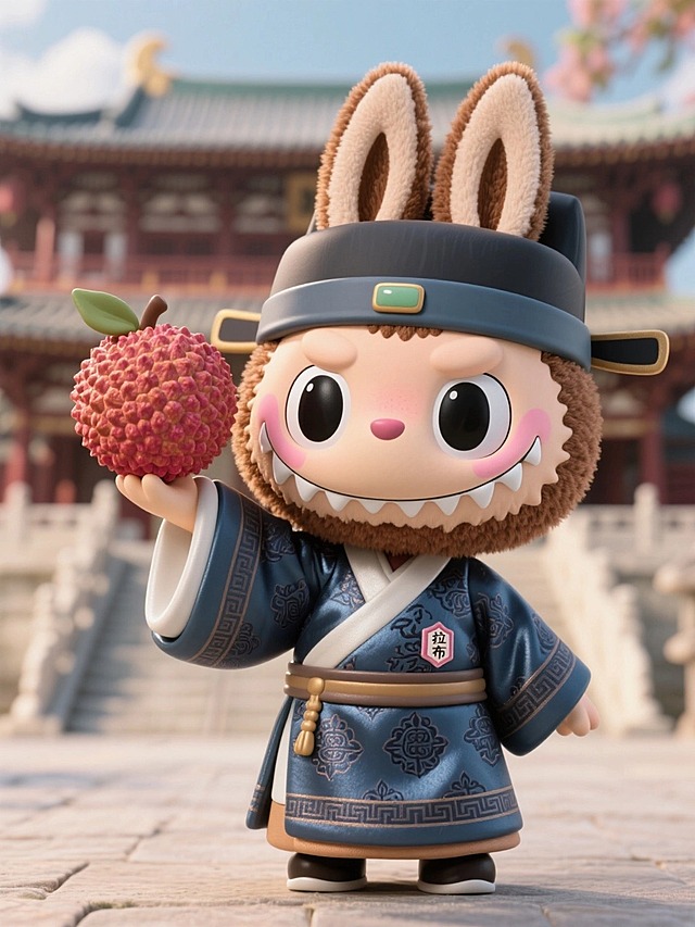 它穿着唐代小吏的官服(带有暗纹细节的冷蓝丝绸)，举着一颗巨大的荔枝，背景长安城