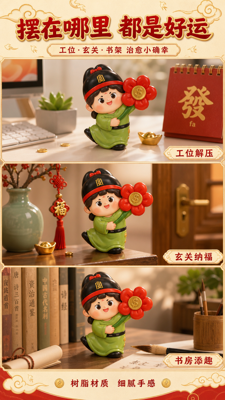 [商品] 使用【图2】中的有钱花款盲盒形象；保留绿色唐风服饰、… - 图片创意预览