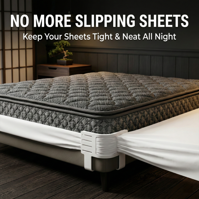 日式床单床罩固定器主图，800X800尺寸，深色卧室场景背景，突出白色卡槽式防滑床单夹，搭配醒目的英文标题"NO MORE SLIPPING SHEETS"，下方小字"Keep Your Sheets预览效果