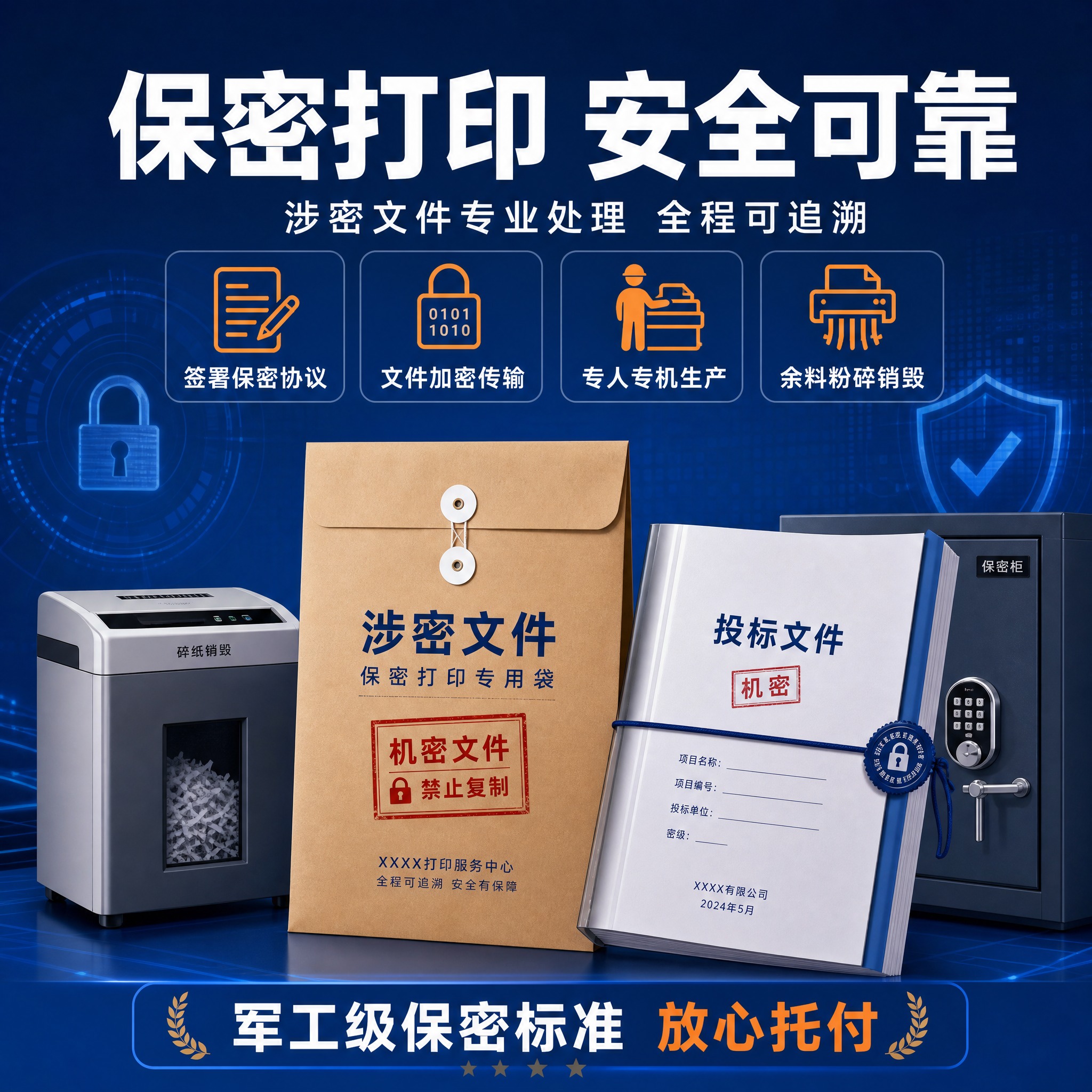 基于参考图的蓝橙配色和打印服务风格，生成一张保密打印服务主图。… - 图片创意预览