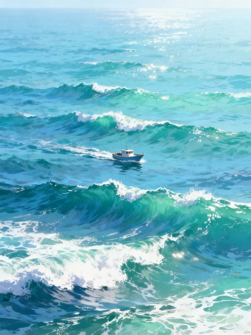 大海上海浪卷起，有一艘小船在行驶，插画风格预览效果