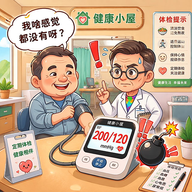 左边人物，老高（患者）：44岁，圆脸微胖，爱笑，有点憨厚。常穿浅蓝色工装或便服。

右边人物，小明医生（杨医生）：50出头，戴圆框眼镜，穿白大褂但领口露彩色T恤，口袋里总有小本本。标志性动作是竖起一根手指“唠叨”。