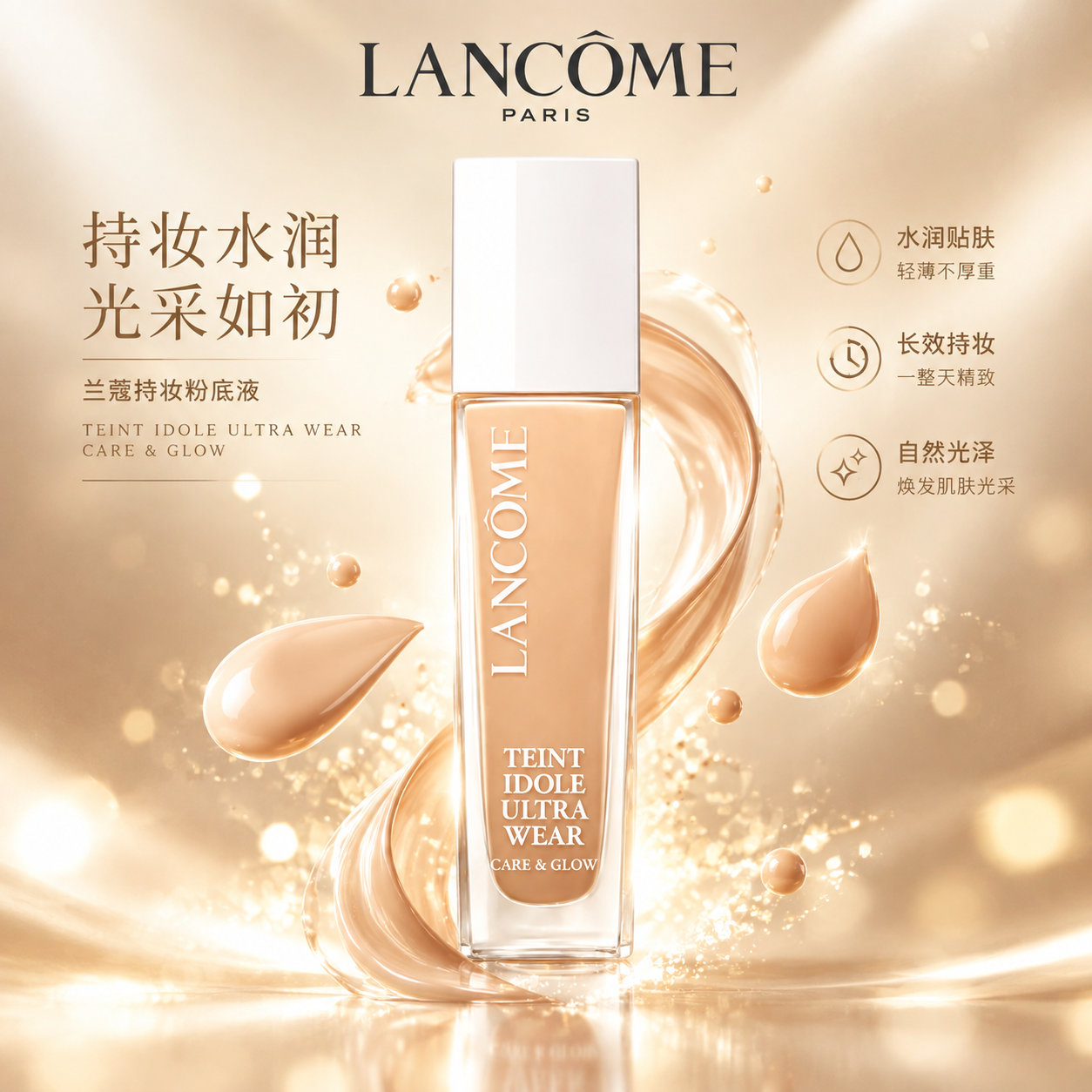 兰蔻持妆粉底液产品信息流创意图，高级轻奢风格，粉底液瓶身居中展… - 图片创意预览