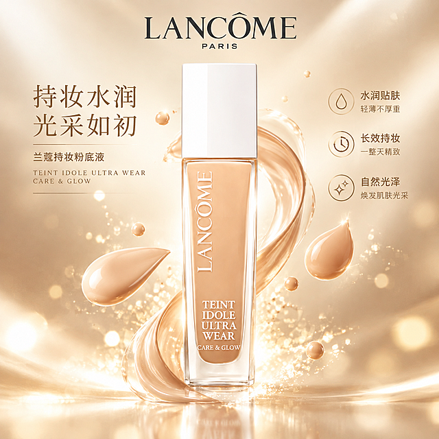 兰蔻持妆粉底液产品信息流创意图，高级轻奢风格，粉底液瓶身居中展示，背景为柔和渐变的暖米色与浅金色，周围飘散着细腻的粉底液质地液滴和微光粒子，整体画面通透有质感，突出产品水润持妆的卖点，商业摄影级别，光影柔和高级，适合信息流推广