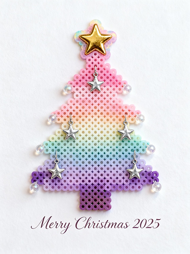 像素风微缩圣诞树，渐变彩虹色珠粒拼贴，点缀金属星星与透明珠饰，塑料质感萌趣十足，营造甜蜜可爱温馨节日氛围。