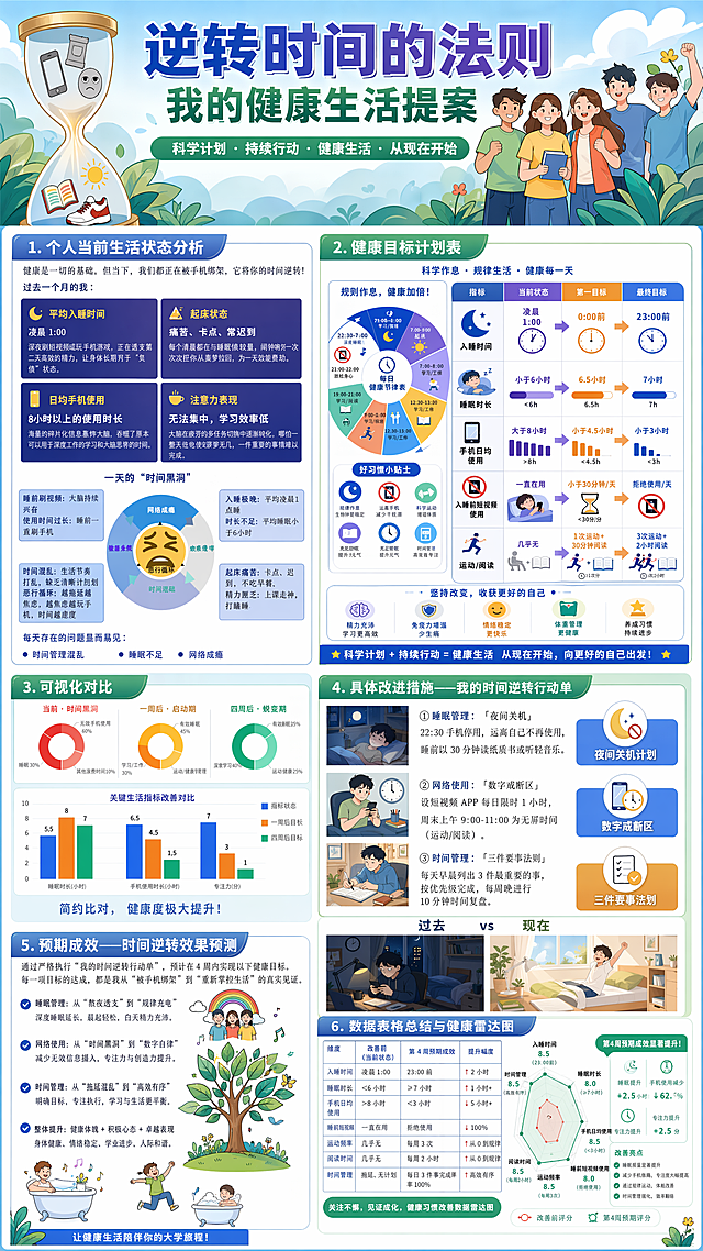 参考示例海报的排版结构，将6张图片中的所有内容整合，生成一张竖版大海报，标题为"逆转时间的法则 我的健康生活提案"，包含个人状态分析、健康目标计划表、可视化对比、改进措施、预期成效和数据表格，采用清新扁平化卡通风格，蓝绿色为主配色，排版清晰，信息完整