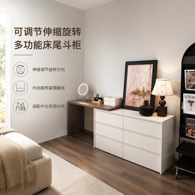 [单张主图] 岚格家具床尾储物柜梳妆台斗柜，高级氛围感主图，目标展示可调节伸缩旋转多功能适配优势。保持原有产品外观（物理结构、材质质感、颜色）与输入产品图绝对一致，杜绝任何变形和色差，精细化处理。采用预览效果