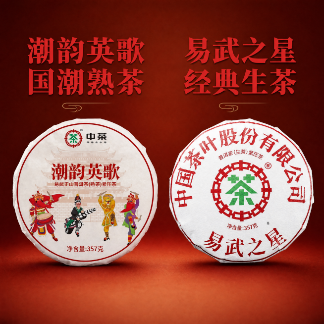 [主图-3] 产品包装设计展示图。左侧展示潮韵英歌国潮英歌设计包装，右侧展示易武之星经典中茶包装，两款都完整展示保持原设计不变。背景为简约红棕渐变背景。左侧红色大字写"潮韵英歌
国潮熟茶"，红色粗体清预览效果