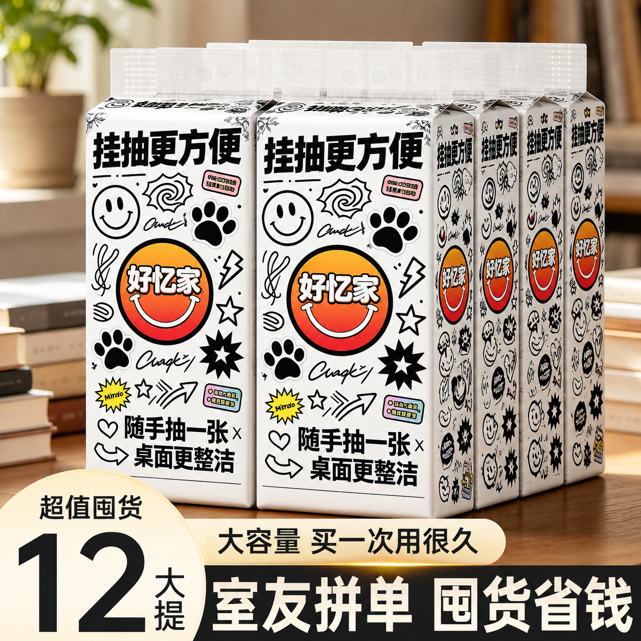 将第一张白底图中挂抽纸巾包装上的全部图案主题（包括"挂抽更方便… - 图片创意预览