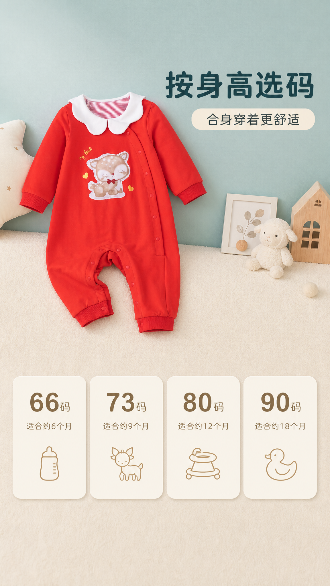 红色长袖连体爬服规格尺码图，衣服正面平铺于奶油白绒布台面，位于… - 图片创意预览