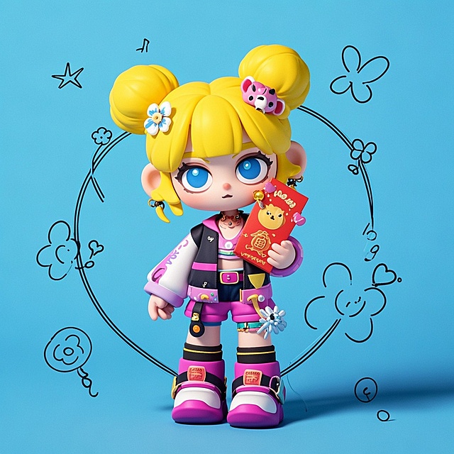 盲盒手办，Q版动物，moonlab_studio风格，粗线条描边，涂鸦，极简，黄色头发双马尾女孩，可爱的卡通形象，简单的线条，干净的背景，纯色背景，用简单的笔触涂鸦，杰作，质量最好，8K，超级细节