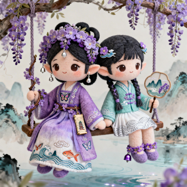 Q版国风双生精灵文创玩偶，2.5-3头身，圆润柔和，细节精致，姐姐紫小藤紫色系，头戴层叠紫藤花花冠，花穗缀湘绣小珠和银铃，穿紫色渐变改良宋抹褙子，绣湘绣蝴蝶和岳麓山如意形云纹，下摆绣湘江水纹波浪和双鱼预览效果