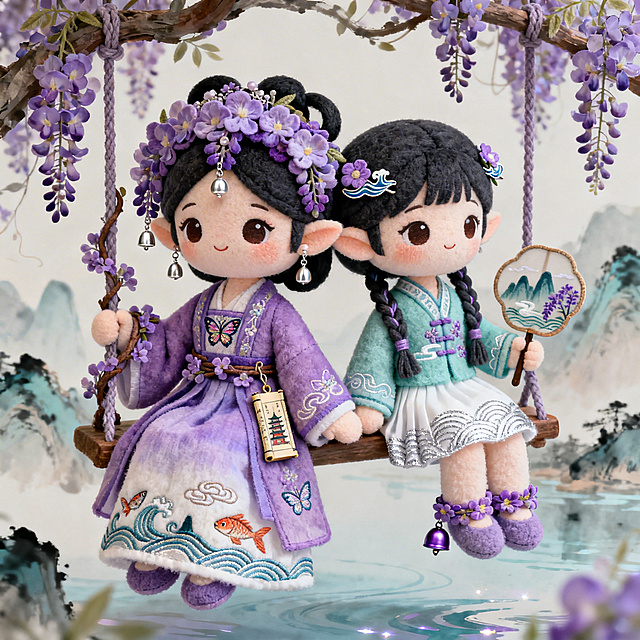Q版国风双生精灵文创玩偶，2.5-3头身，圆润柔和，细节精致，姐姐紫小藤紫色系，头戴层叠紫藤花花冠，花穗缀湘绣小珠和银铃，穿紫色渐变改良宋抹褙子，绣湘绣蝴蝶和岳麓山如意形云纹，下摆绣湘江水纹波浪和双鱼，紫藤花枝缠臂绕腰，腰悬迷你岳麓书院书卷挂件；妹妹藤小湘青碧浅紫白系，头戴小朵紫藤和湘江浪花发簪，发髻编苗族风格紫藤细辫，穿青碧色对襟短衫百迭裙，绣简化紫藤和岳麓山云气纹，裙摆银线绣水纹，脚踝系紫藤花铃，手持绘有岳麓山和紫藤的小团扇；姐妹背靠背坐于紫藤花枝秋千，柔和暖光，质感为毛绒植绒加局部亮光，背景淡彩水墨山水，灵动治愈的潮玩设计图