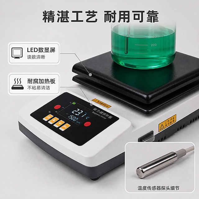 [主图-3] 磁力搅拌器工艺细节展示主图，氛围为专业细节特写，突出材质工艺，画质要求商业摄影质感、光线柔和通透、产品清晰真实、画面干净高级。主画面为控制面板和加热平台特写，右下角添加一个局部放大画中画展示温度传感器探头细节；保持产品材质、颜色、结构与原图一致，精细化处理纹理。主特写占画面70%，画中画占右下角约25%，整体版式干净。特写区域光线强化，突出面板材质和显示屏清晰度，金属传感器高光突出材质质感。浅灰背景，产品黑色控制面板配黄色警示标，绿色溶液做点缀，专业沉稳。近距离平视特写，主特写+局部画中画，双区域展示细节。顶部主标题写 "精湛工艺 耐用可靠"，左侧标注两个细节标签：LED数显屏 读数清晰 / 耐腐加热板 不粘易清洁，标签为浅底深字清晰不挡主体。比例为1:1，分辨率4K，文字清晰锐利，画面超高清。负向提示词：变形，水印，文字错乱，产品图模糊，背景杂乱