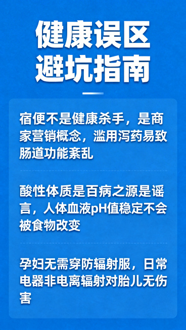 日常习惯辟谣科普竖版海报，蓝色健康风格，简洁清晰大字排版，整体干净正式、易读醒目，适合班级宣传校园科普。主标题为「健康误区避坑指南」，内容：1. 宿便不是健康杀手，是商家营销概念，滥用泻药易致肠道功能预览效果