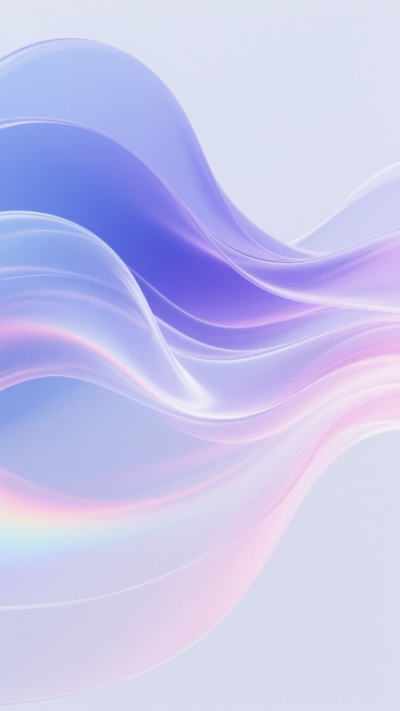抽象背景主题，梦幻流体渐变色彩，以蓝紫色系为主色调，融合柔和的粉白色过渡，半透明的丝绸质感波浪形态，多层次曲线交织流动，轻盈飘逸的动态感，细腻的光线折射效果，高光处带有微妙的彩虹光晕，低饱和度高亮度，整体呈现出宁静而富有科技感的未来主义风格，画面简洁大气，留白充足，视觉焦点集中在色彩渐变与线条韵律的和谐统一上。预览效果
