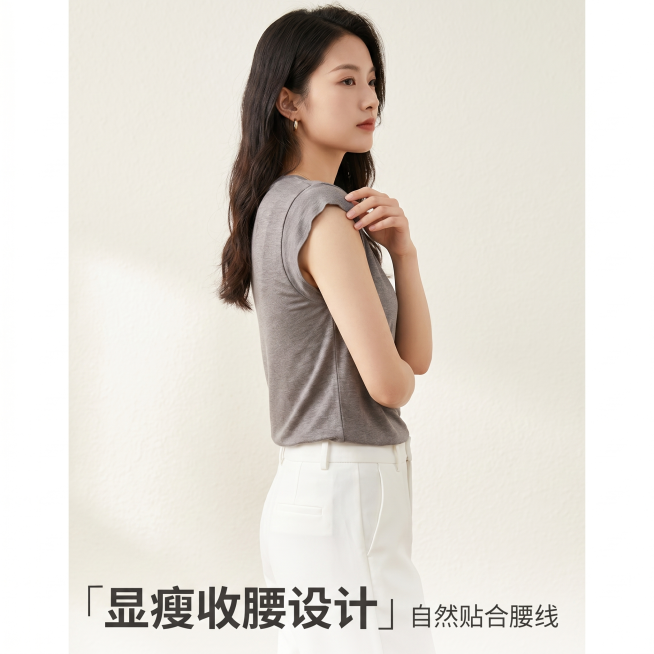 [气质灰色主图] 桑蚕丝莱赛尔小飞袖T恤侧身版型展示主图。氛围风格：简约高级松弛感抖音网红风，高清实拍强视觉冲击。画质：商业摄影质感，光线柔和通透，产品清晰真实，画面干净高级。元素：和上一张气质灰主图预览效果