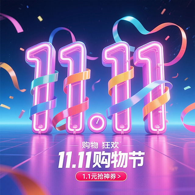 C4D建模风格的双十一电商海报，3D主视觉是立体“11.11”数字，表面缠绕着彩带，材质为霓虹灯管，呈现出流光效果，彩带自然飘动。背景是深空蓝与荧光粉的渐变，带有倒计时光效。画面底部有“购物狂欢”文字和“限时秒杀”按钮，主标题为“11.11购物节”，副标题为“1.1元抢神券”。