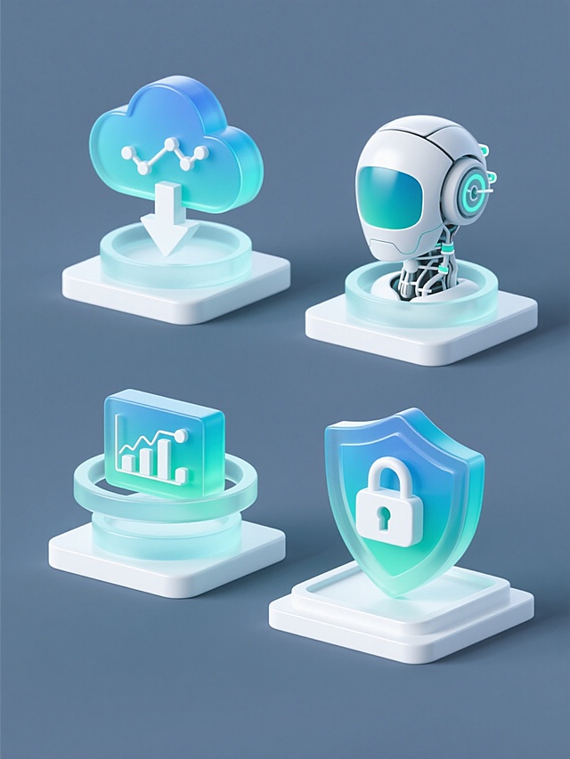4个完全不同的科技图标元素系列素材集合，每个图标均采用与原图一致的3D立体风格，以蓝绿色渐变为主色调，搭配透明玻璃质感与柔和光影效果，包含悬浮的半透明圆环装饰与白色立体基座，元素类目分别为：左侧图标为云存储概念（云朵造型与下载箭头）、顶部图标为数据分析概念（折线图表与数据点）、右侧图标为人工智能概念（机器人头部轮廓与神经网络线条）、底部图标为安全防护概念（盾牌形状与锁形符号），所有图标规整排布于纯色背景上，保持统一的设计语言与视觉层级。