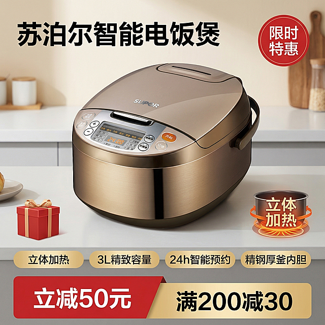 [主图1 首图促销] 主图主题：苏泊尔3L电饭煲促销首图，氛围风格：温馨现代简约厨房风，暖调自然光，高级干净质感。画面元素：原香槟金色苏泊尔电饭煲居中展示，占画面50%-70%，背景为干净明亮的浅灰色现代厨房台面，简洁不抢主体，左下角点缀红色礼品盒装饰，右下角添加立体加热效果示意图，整体干净整洁，突出产品主体。配色色系：主色调：香槟金（产品），辅助色：浅灰（背景），红色（促销点缀）。视角构图：正面平视，景深适中。文字版式：左上角主标题“苏泊尔智能电饭煲”，黑色粗无衬线体超大字号；右上角红色圆形标签“限时特惠”，白色字体；下方四个横向胶囊标签分别展示卖点：“立体加热”、“3L精致容量”、“24h智能预约”、“精钢厚釜内胆”，黑色字体配浅金色底；最底部高低错落通栏，左侧红色块展示“立减50元”，白色粗体；右侧金色块展示“满200减30”，黑色粗体，整体文字不遮挡产品主体，保持构图平衡。