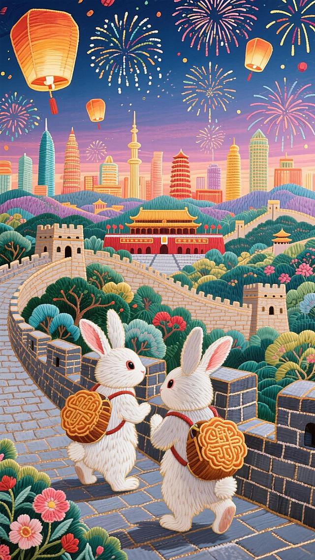 2只小兔子背着月饼小背包，在长城上，远处有国家地标建筑群，画面有序和谐干净，天上有烟火和孔明灯，暖橙粉金为主色调