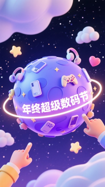 画面以紫蓝为主色调，一个漂浮在星空中的星球（上面有横幅写着“年终超级数码节”），星球表面布满手机、游戏手柄、耳机，环绕着发光星环；有几只手在下方，有的想触碰星球，有的指着星球。四周漂浮着星星、爱心、云预览效果