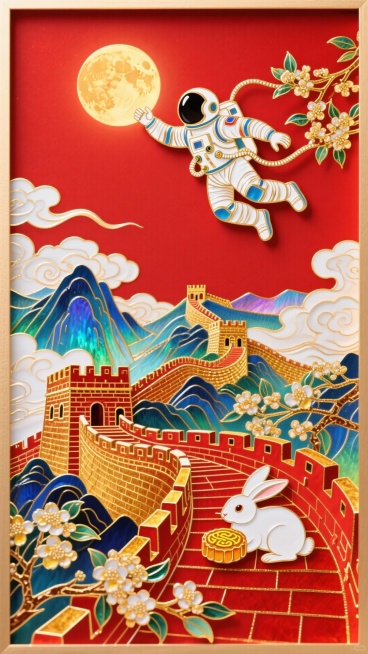 宇航员（飞天姿势）奔月，底下是红金的长城+山河，祥云环绕，红色背景点缀中秋桂花，长城上有玉兔抱着月饼，以上根据原来的尺寸不变，保持清晰，尺寸1440x2560px保持不变预览效果