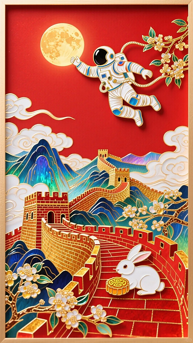 国潮风剪纸艺术融合未来宇航员与传统长城，月兔赏月，超现实主义呈现中秋喜庆与科技梦幻交织的中式美学。