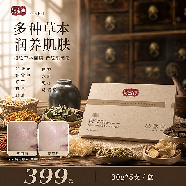 在保持原图中药铺风格、草本元素、文字内容、配色和整体氛围完全不变的基础上，将画面中的妃蜜诗草本面膜礼盒由竖放改为横向平放，礼盒正面朝上略倾斜展示，礼盒上的文字、Logo、图案方向随礼盒横向调整为正常可读，外观、颜色、材质、结构与原图一致。礼盒放置在木质台面的麻布上，周围的草本原料、竹碟、药罐、对比图、价格条、左上标题与成分文字等所有其他元素位置和内容保持不变，仅调整礼盒摆放角度为横放，光影投影随横放角度自然调整，整体协调自然。比例1:1，2K分辨率，文字清晰。禁止变形、错字、糊字、产品悬浮。