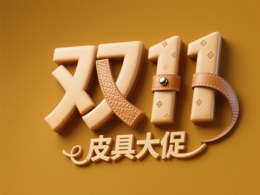 中间主标题”双11""，副标题” 皮具大促""，字体是庄重的，文字的表面是浅卡其皮革的质感，黄棕背景，高饱和色彩。预览效果