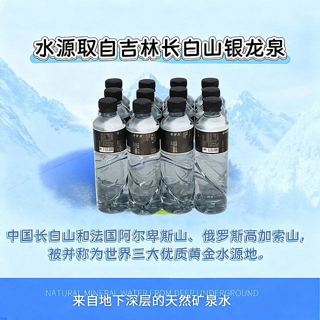 去除图片中的JD京东水印，不改变矿泉水产品本身，保留原构图和所有文字文案，保留浅蓝色雪山背景，保持矿泉水产品形态位置完全不变，清晰画质，保留产品细节