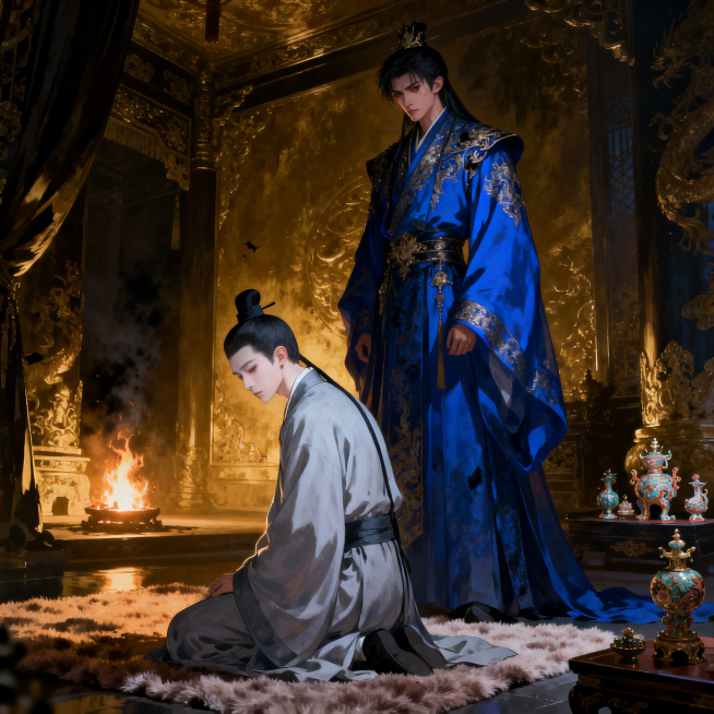 殿内陈设奢华却冷清，炭火微弱，光线昏暗，地上铺着绒毯，角落摆着精致的摆件，尽显昔日皇子盛景，如今却满是萧瑟。一位受者一身蓝色华贵锦袍，居高临下站着，眉眼满是桀骜与戾气。一位攻者身着浅灰太监服，低眉顺眼预览效果