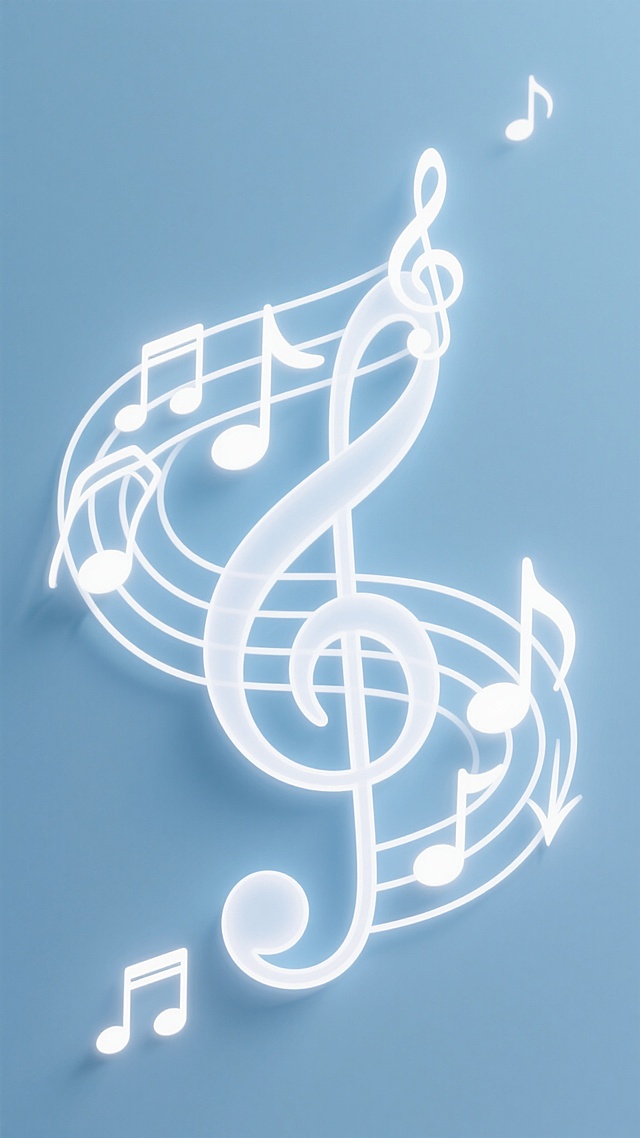 浅蓝色背景上，由白色发光的五线谱曲线和多种音乐符号（高音谱号、八分音符、四分音符、升号）组成的优雅音乐元素图案，符号呈现柔和的半透明发光效果，曲线流畅自然地在画面中形成环绕式布局，整体保持简约现代的设计风格，营造出宁静而富有韵律感的氛围。