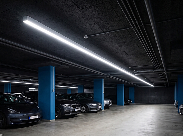 Commercial product photography of a long, thin, linear white LED light fixture hanging diagonally from the ceiling in a modern underground parking garage, blue pillars, cars parked, dark ceiling, bright glowing light from the fixture. Photorealistic, 8k, cinematic lighting, industrial design, advertising composition, rich dark tones with bright white light
