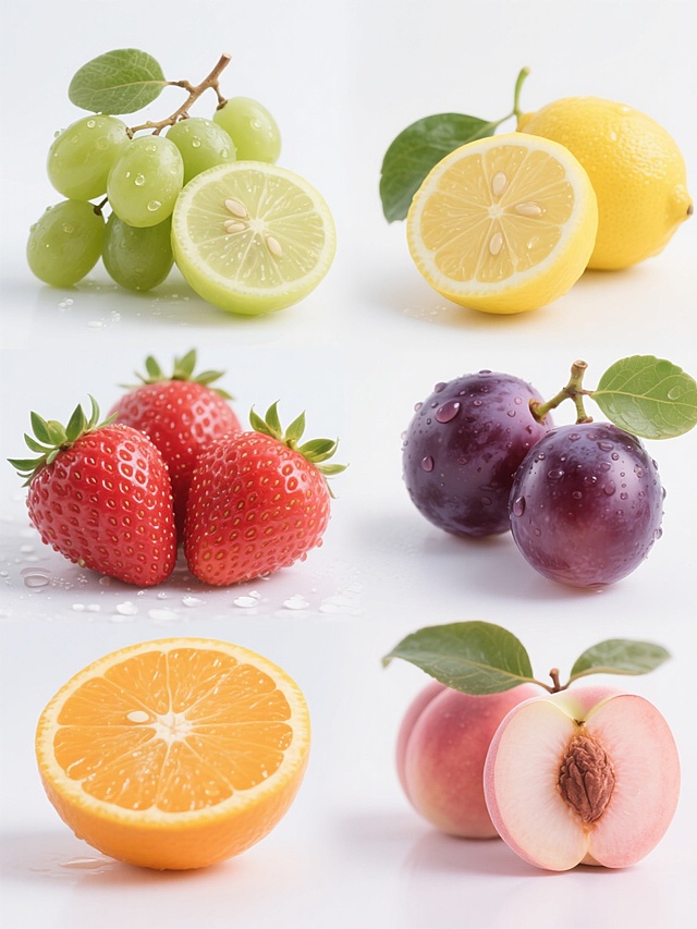 六个完全不同的水果系列素材集合，每个水果都具有高度写实的质感，表面带有晶莹水珠，保持统一的明亮光线和纯白色背景，元素类目不变，风格一致，规整排布。第一个是三颗完整带枝叶的绿色提子，一颗被切开露出果肉和籽；第二个是两个完整带叶子的黄色柠檬，一个被切开露出果肉和籽；第三个是三颗完整带枝叶的红色草莓，一颗被切开露出果肉和籽；第四个是两个完整带叶子的紫色葡萄，一个被切开露出果肉和籽；第五个是两个完整带叶子的橙色橙子，一个被切开露出果肉和籽；第六个是三颗完整带枝叶的粉色桃子，一颗被切开露出果肉和核。所有水果都具有光滑的表面和水润的光泽，水珠晶莹剔透，整体画面干净整洁，布局对称平衡。