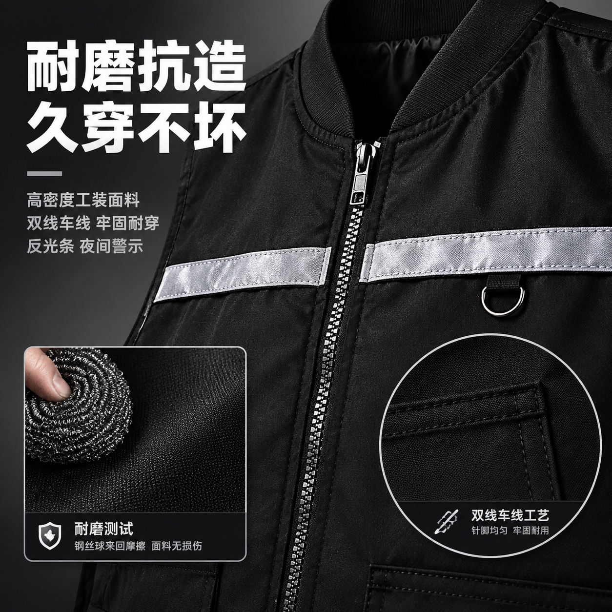 [主图-4] 耐磨面料与做工细节特写图，突出工装马甲的品质感与… - 图片创意预览