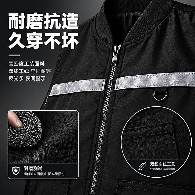 [主图-4] 耐磨面料与做工细节特写图，突出工装马甲的品质感与耐用性。
[统一基调] 高级工装机能风，深灰渐变背景，主标题白色粗黑体，辅助字浅灰色，强调色为金属银色，字体统一为无衬线粗体，整体精致有质感。
[画面] 黑色工装马甲局部特写组合，主画面为马甲胸前反光条与拉链区域的近景特写，占画面约50%，清晰展示反光条的材质纹理、拉链的金属齿牙细节、面料的耐磨编织纹理。画面右下角有一个圆形放大框，放大展示口袋边角的双线车线做工，针脚均匀整齐。画面左下角有一个方形小窗，展示面料被钢丝球轻擦但无损伤的耐磨测试示意，体现面料抗造耐用。马甲颜色与结构完全保持原图一致。
[光影质感] 微距商业摄影质感，侧光打亮面料纹理，反光条有细腻光泽，拉链金属质感强烈，车线清晰可见，整体质感高级，阴影柔和有层次。
[配色] 背景深灰到黑的渐变，马甲纯黑，反光条银灰，金属件亮银色，文字白色，整体低调有品质感。
[文字版式] 左侧上方竖排或横排大主标题"耐磨抗造 久穿不坏"，白色粗黑体；下方三行小字说明："高密度工装面料""双线车线 牢固耐穿""反光条 夜间警示"，浅灰色小号字。放大框旁有简短标注文字。
[输出要求] 1:1正方形比例，面料纹理清晰，做工细节可见，文字清晰，无水印，无平台Logo，无错字，无多余元素。