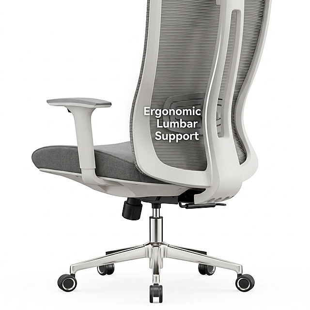 [Main Feature 2] Ergonomic Lumbar Support feature detail. Based on the original office chair product, the close-up focuses on the lumbar support curve of the backrest, with English function description text layout. The 45-degree side view shows that the backrest fits the human waist, and the thin line marks "Ergonomic Lumbar Support" at the waist position. Keep the product appearance material color consistent with the original image, clean light, clear focus, the picture is full of no border, the text uses English, the font is clear and prominent, which conforms to the cross-border e-commerce functional detail image specification. 1:1 square ratio, 2k resolution, no distortion, no clutter.