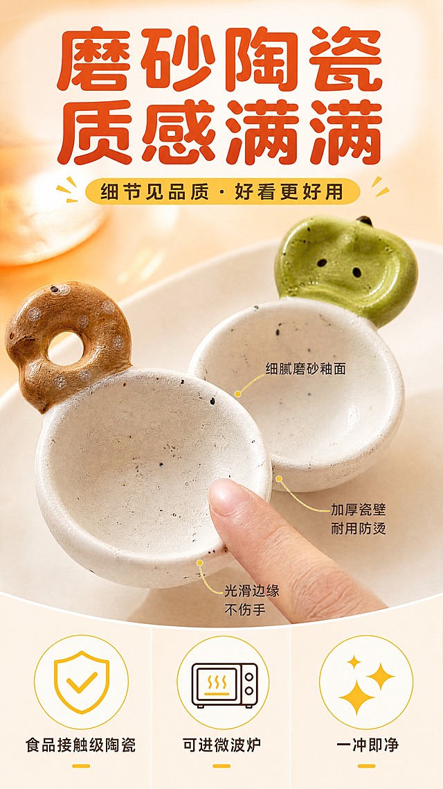 [商品] 使用【图1】中的磨砂陶瓷小料碟；保留白色磨砂陶瓷带黑点肌理、食物造型把手、圆形小碗结构；选取1-2款做微距特写，放大展示釉面质感、厚度、边缘细节；修复表面瑕疵，增强磨砂颗粒质感和陶瓷温润感，不改变产品本体结构和颜色。
[画面] 材质细节页，目标展示磨砂陶瓷质感与品质。上下构图，上方大标题+主视觉微距特写，下方3个材质卖点图标区。产品微距特写占画面约50%，展示碟口边缘厚度和磨砂釉面细腻颗粒。旁边可放手指轻触示意质感。阅读动线从上至下。
[视觉] 套系策略：风格=拼多多接地气温馨餐厨风，高饱和度暖色调，大字报视觉冲击；标题字=粗黑体圆角，大号醒目；正文字=清晰无衬线黑体；主色=暖橙红；背景延展=暖米色渐变+柔和光斑，同色系深浅层级；强调色=明黄色，仅用于小图标、引线点缀；标题色=暖橙红；正文色=深棕灰；组件=圆形微距框、引线标注、图标+文字组合卡；光影=侧暖光突出磨砂颗粒质感，明暗对比凸显材质层次。
[文字] 顶部大标题"磨砂陶瓷 质感满满"，微距旁引线标注"细腻磨砂釉面""加厚瓷壁 耐用防烫""光滑边缘 不伤手"，下方3个图标卖点"食品接触级陶瓷""可进微波炉""一冲即净"。文字均为横排。
[规格] 图片比例9:16竖版，4K，避免变形、错字、文字过小、产品颜色改变、结构失真、极限词。