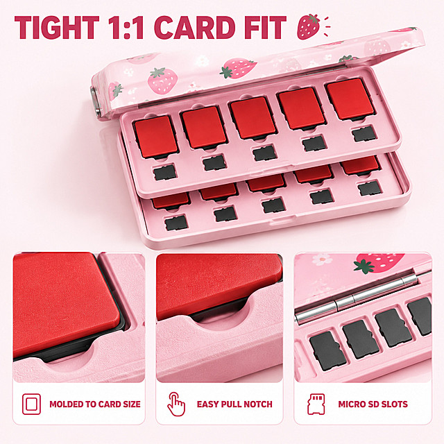 [主图-3] 商品名称「12-Slot Game Card Case for Switch Series Consoles — Pink Portable Cartridge Holder with 12 Micro SD Slots and Strawberry Print, Gift for Girl Gamers」。本张唯一任务：结构证据——用微距证明卡槽按真实卡带 1:1 开模、贴合不晃动。
[产品还原参考] 粉色哑光硬壳翻盖卡盒，盒面满印粉色草莓与浅粉果实插画（纯图形、无文字），带浅银色细金属铰链；内部上下两层托盘，每层 6 个矩形游戏卡槽与 6 个小型 Micro SD 槽位；卡槽为圆角矩形、槽底平整、边缘带弧形取卡缺口，槽深与卡带厚度贴合；槽内游戏卡为通用纯红色卡带（卡面纯色无图案、无品牌字样）。
[统一基调] 粉嫩甜美的收纳小物信息图视觉：纯净白到浅奶粉粉背景（#FFFFFF→#FDF0F3），哑光粉色产品配深玫瑰标题（#A62B52）、暖灰辅助文字（#8A7C80）与草莓红强调（#E1416B）；单一几何无衬线粗体仅以字号层级区分；卡片 16px 圆角白卡 + 1px 浅粉描边，图标 2px 线性描边；左上柔光，右下自然接触阴影。
[画面] 画面上方保留一块完整的打开状态卡盒主视觉作为语境组件，以斜俯视角展示一层托盘与其中整齐排列的通用红色游戏卡；下方并排三张微距证据卡：左卡微距展示卡带放入卡槽后边缘与槽壁贴合、几乎无缝隙的状态；中卡微距展示卡槽的圆角与弧形取卡缺口，可看出手指可拨出的深度；右卡微距展示一排小型 Micro SD 槽位与金属铰链的转折结构；每张卡下方带 16px 圆角白卡标签条，卡与卡留白均匀。
[光影质感] 微距摄影质感，左上柔光突出哑光硬壳的细颗粒与卡槽内壁的深浅层次，槽内卡带有自然接触阴影与微弱遮挡，不悬浮、不穿模。
[配色] 沿用统一基调；三张卡底色为暖白，仅用草莓红强调元素。
[文字版式] 主标题置顶部居中偏左，深玫瑰粗体大字 "TIGHT 1:1 CARD FIT"；三张卡标签为深玫瑰小号粗体 "MOLDED TO CARD SIZE"、"EASY PULL NOTCH"、"MICRO SD SLOTS"；全图仅英文文案，禁止中文、错字。
[输出要求] 1:1 正方形；负向：任何中文、尺寸数字、游戏封面与角色图案、品牌标志与平台 Logo、水印、槽位结构错误、变形、模糊、杂乱、手指与人体。