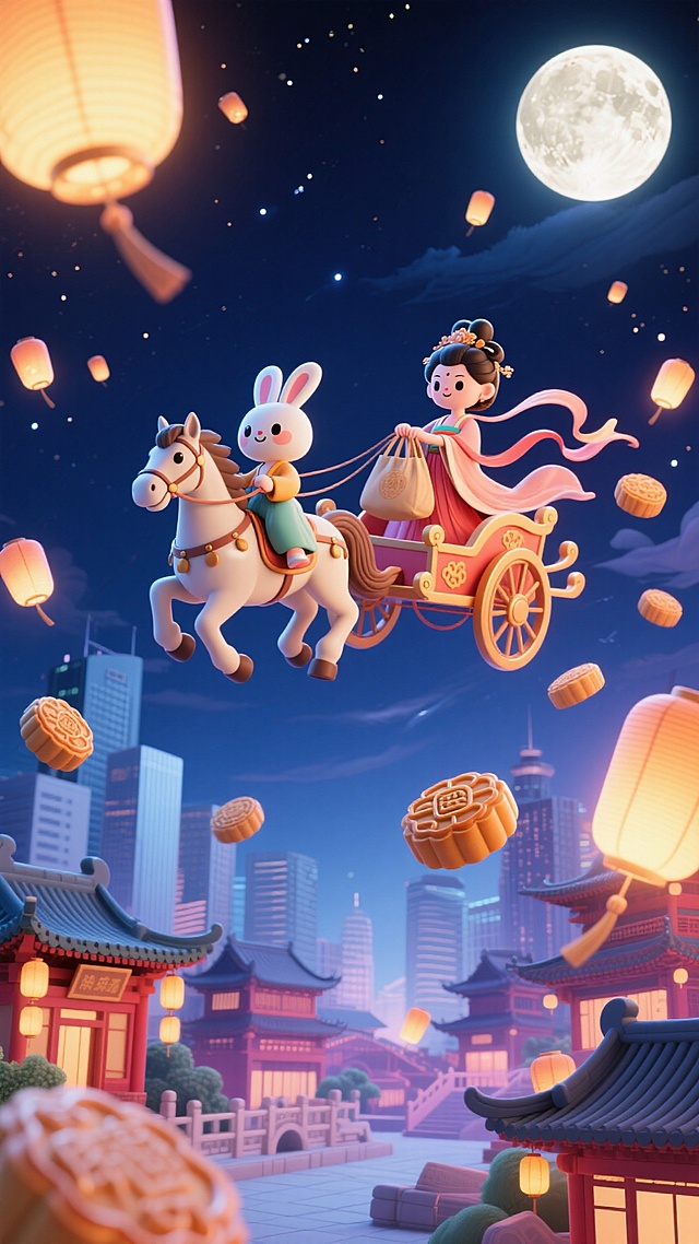 天空上Q版嫦娥驾着马车，拿着袋子，Q版小玉兔坐在马上，空中悬浮许多月饼，下方是传统中式建筑群与现代城市建筑交织的景观，背景夜空，点缀月亮和小灯笼