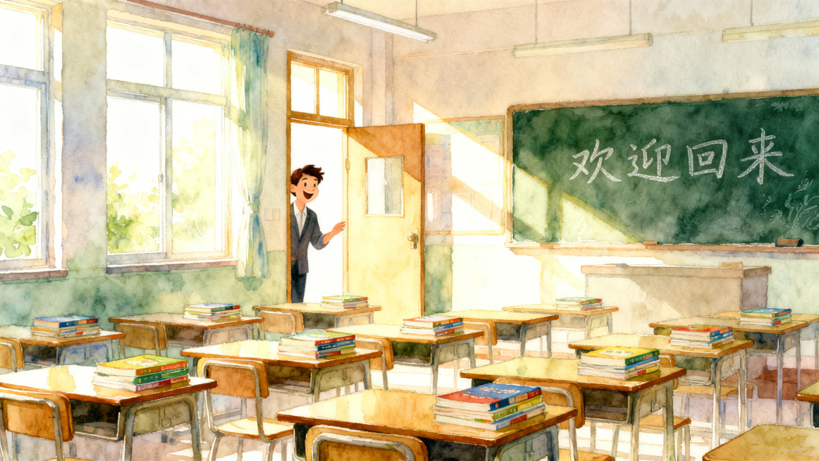 清新水彩风格，16:9比例，阳光透过窗户照进空教室，整齐的课桌上摆放着新课本，黑板上写着"欢迎回来"，门口露出半个教师的俏皮身影预览效果