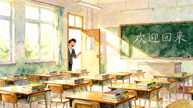 清新水彩风格，16:9比例，阳光透过窗户照进空教室，整齐的课桌上摆放着新课本，黑板上写着"欢迎回来"，门口露出半个教师的俏皮身影