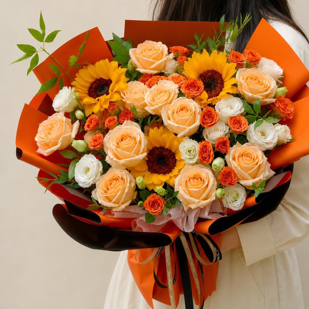 保留图1花束的所有花朵、包装纸、丝带的样式和排列完全不变，将花… - 图片创意预览