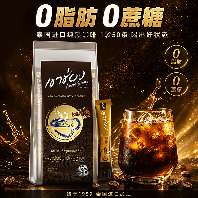 [商品] 使用【图102】的大袋与独立小条、【图98】的冰咖啡杯形态；保留袋体结构、深棕黑标签与金色咖啡杯图案、袋面原有泰文与英文文字（Khao Shong、AGGLO... INSTANT COFFEE、since 1959、2 ก. × 50 ซอง、100 กรัม）与金色小条造型，不翻译不改写不替换 Logo 不改色；忽略并去除输入图的背景与叠加文案。
[画面] 淘宝首图：产品大袋直立居中偏左（占约 38%），右侧一只装满冰块与黑咖啡的透明玻璃杯（琥珀色透光，占约 22%），底部台面散落几颗烘焙咖啡豆；右侧靠上位置一组两枚金色圆形图标；底部为深色压暗区域放一行小字；背景为深棕黑至暖金渐变，叠加咖啡粉飞扬颗粒与水波光斑；前中后景至少 3 层。
[光影质感] 深色背景下的侧逆光，咖啡液呈琥珀透光感与油亮高光，金色标签与字体有细腻金属光泽，冰块清透有折光。
[配色] 套系策略：风格=黑金高级感咖啡视觉；主色=深棕黑与金色；背景延展=深棕黑至暖金渐变叠加咖啡粉颗粒与液体飞溅；强调色=正红，仅用于小面积标签与数字；标题色=金色超粗黑体；正文色=浅米金；字效=纯色；组件=金色细线边框、金色圆角图标、白色圆角标签；光影=深色背景侧逆光。
[文字版式] 上方主标题“0 脂肪 0 蔗糖”金色超粗黑体（数字可用白色高亮）；其下副标题“泰国进口纯黑咖啡 1袋50条 喝出好状态”浅米金常规字，字号约主标题的 40%；右侧两枚金色圆角图标金字“0 脂肪”“0 蔗糖”；底部深色压暗条上小字“始于1959 泰国进口品质”；全部横排不加标点，文字总占比不超过 30%，不遮挡产品与大袋文字。
[规格] 图片比例1:1，2K；负向：变形、色差、袋面文字错乱或翻译、替换Logo、错字、竖排或旋转文字、水印、平台Logo、竞品角标、文字铺满、杂乱。
