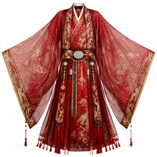 精致简约线性插画，平视视角，仅男款红色婚服服饰本体平铺展示，纯白干净背景，无人物、无人体、无躯干轮廓、无五官、无任何人形元素；男款大袖衫为半透欧根纱质地，自带细腻暗纹与细纹，袖口点缀暗金边饰，通透纱质预览效果