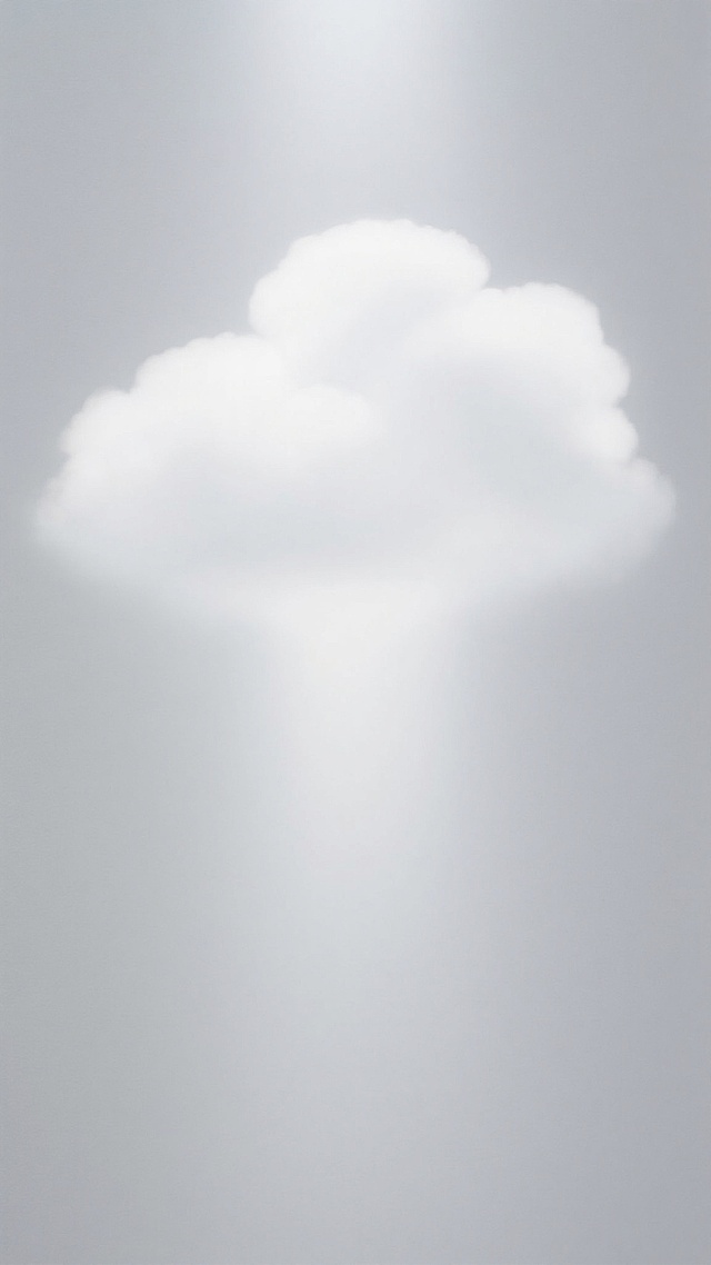 一幅以白色为主色调的抽象艺术作品，画面中呈现出柔和模糊的白色云团状主体形状，光影交织形成微妙的明暗层次，光线从上方柔和洒落，照亮主体的上部区域，下部则自然过渡为浅灰色阴影，整体营造出轻盈、空灵而又富有层次感的氛围，白色主体边缘呈现出朦胧的渐变效果，仿佛融入周围的灰白色背景之中，展现出独特的光影美学。