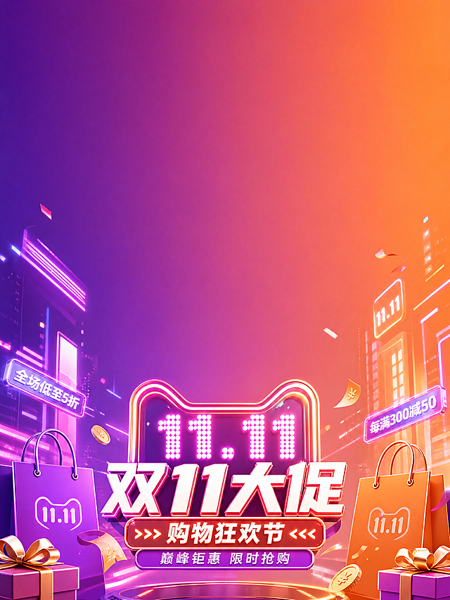 双11购物狂欢节电商场景，画面中上部分预留大面积空白区域用于放置产品，紫橙渐变背景，霓虹灯光效果，购物袋，礼盒，金币，倒计时元素，科技感促销氛围，双11大促，竖构图